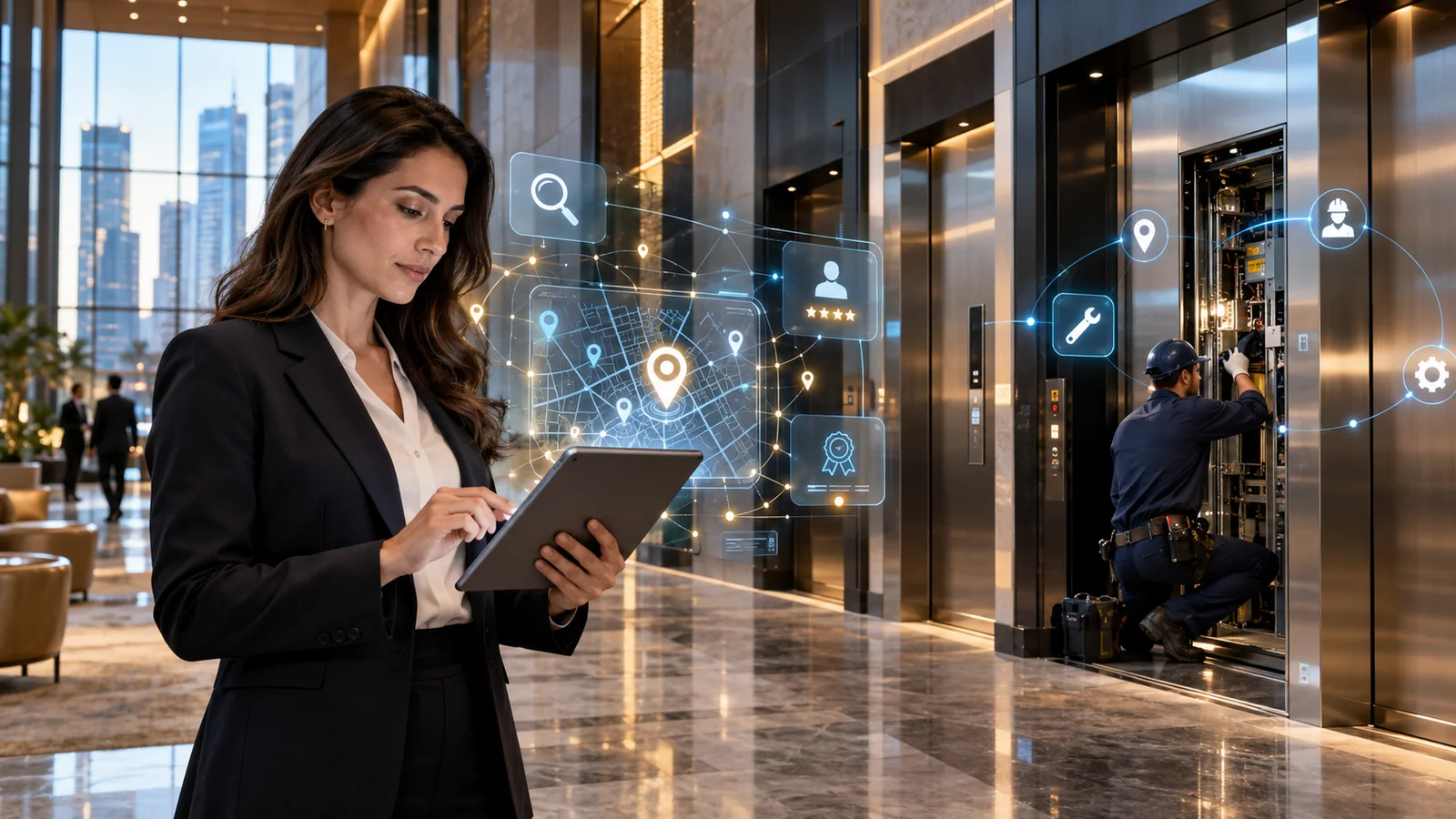 Property manager using a tablet in a modern commercial building lobby while an elevator technician services an open elevator,